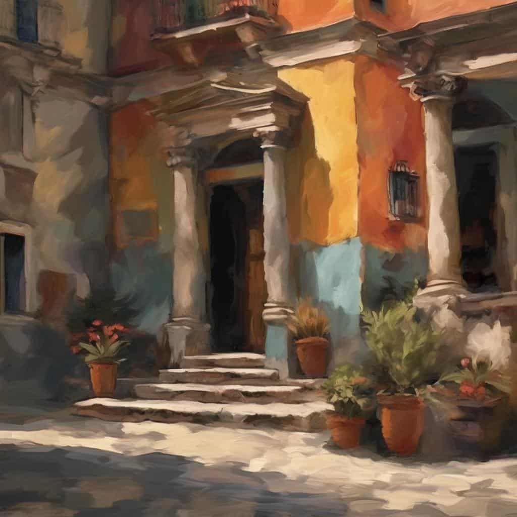 Παραδοσιακή πολυτελής είσοδος σπιτιού με ορθή δοική και γλάστρες με φυτά, ζωγραφι Diagram χαρακτήρα.