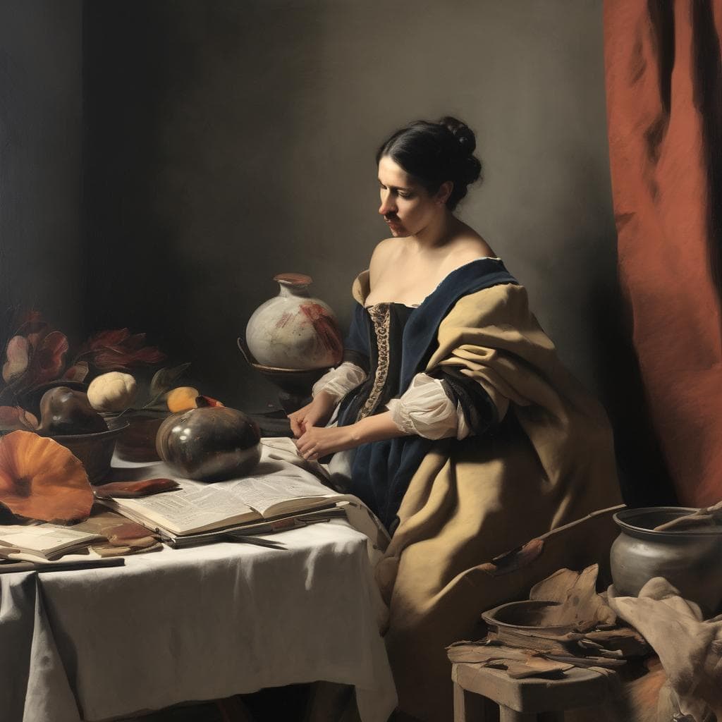 Αντίγραφο Αλτσχάιμερ, πορτραίτο γυναίκας σε καλλιτεχνική υπόθεση με αντικείμενα τέχνης και πολιτικής διαμαρτυρίας.